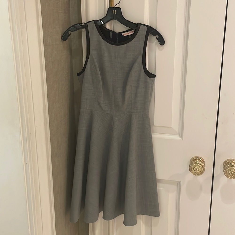 Grey dress with navy back and black leather zipper design